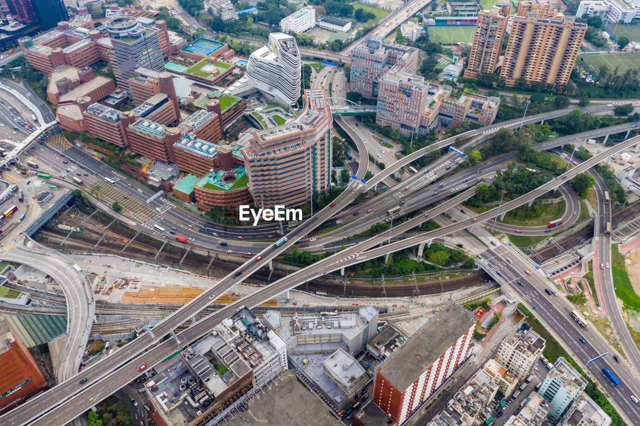 Aerial view of elevated road and modern buildings in city