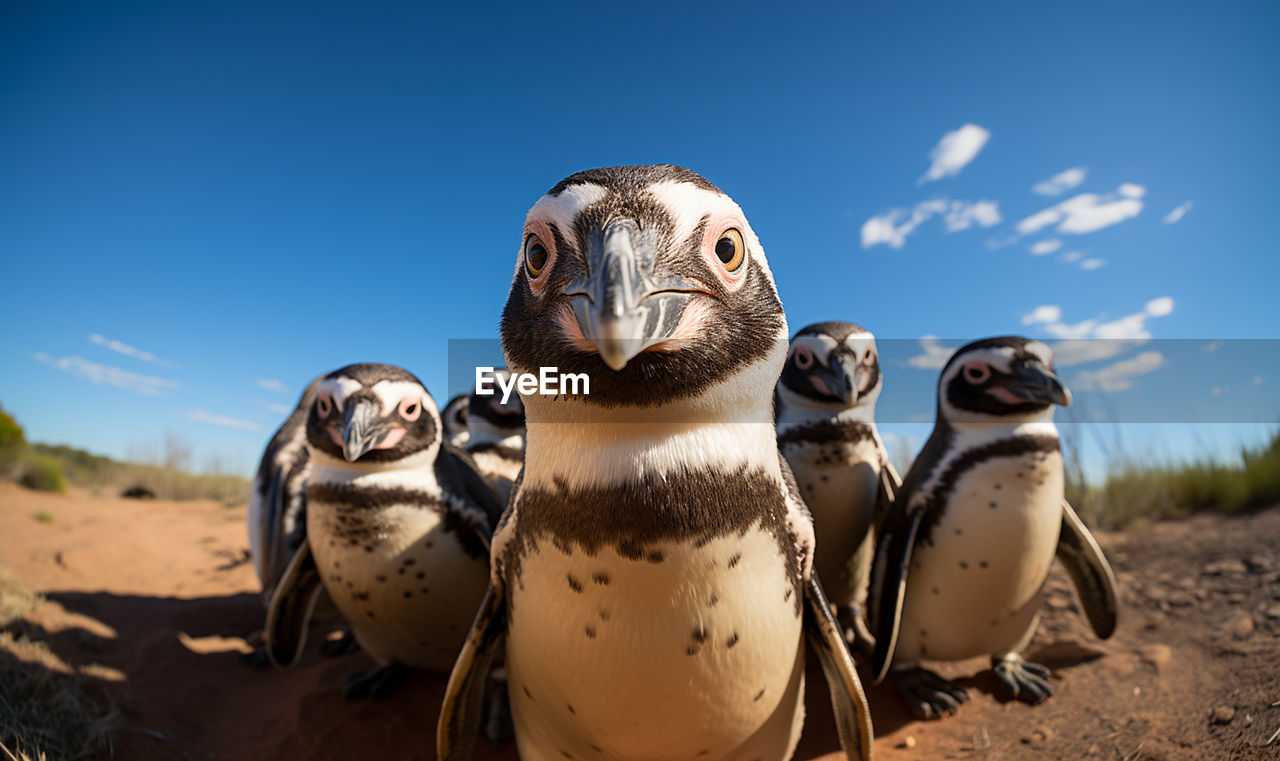 animal themes, animal, bird, sky, animal wildlife, nature, group of animals, penguin, wildlife, no people, land, front view, beak, day, humor, outdoors, blue, portrait, fun, two animals