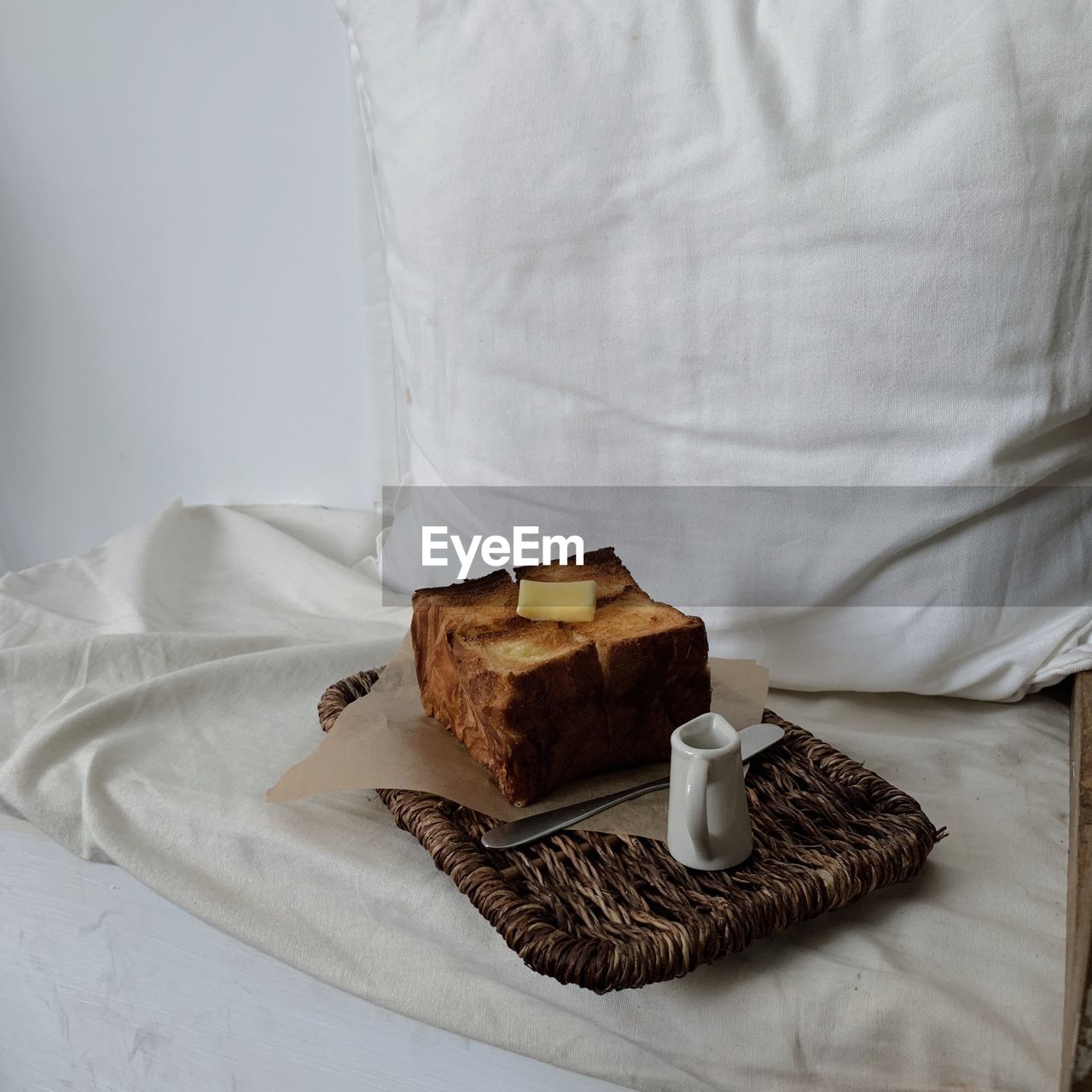 Close-up of breakfast in tray on bed