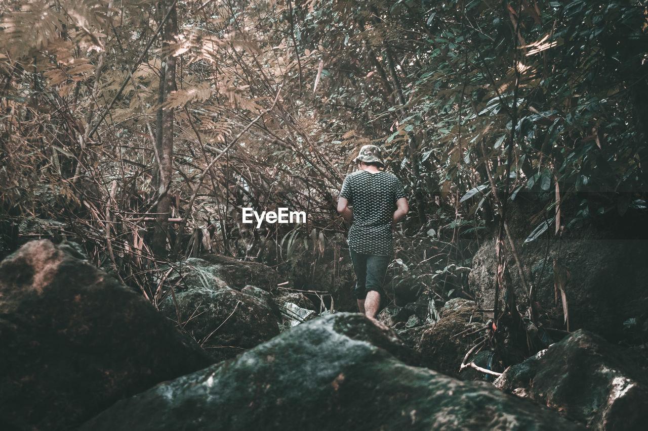 Woman walking in forest