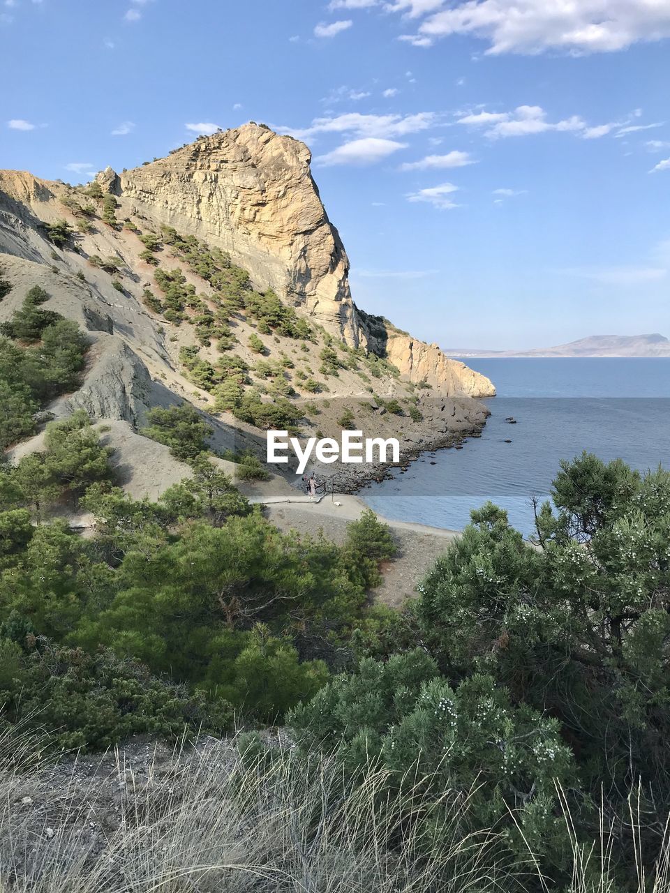 Scenic view of sea and mountains against sky