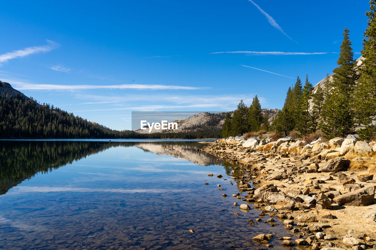 Scenic view of lake against blue sky