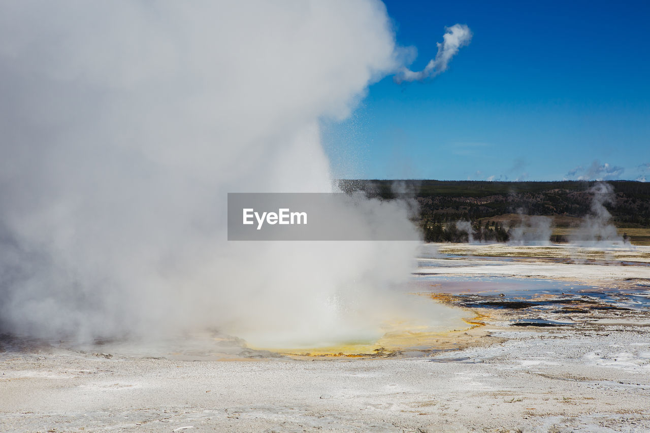 PANORAMIC VIEW OF GEYSER ON LANDSCAPE