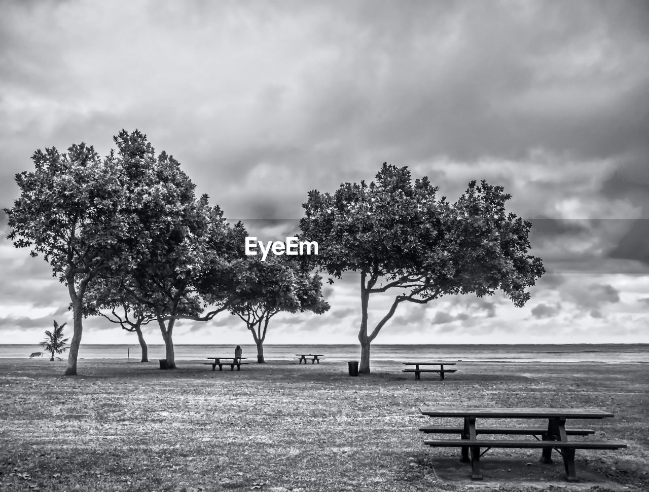 Park bench on field against sky