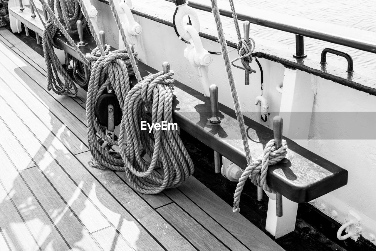 High angle view of ropes sailboat