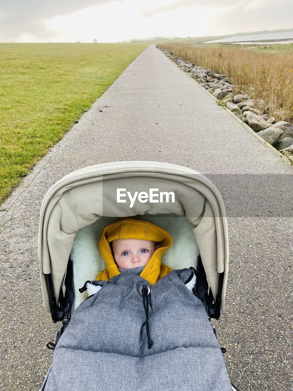 Portrait of boy in stroller on footpath
