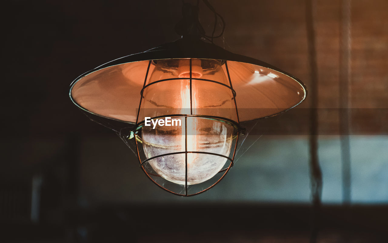 Close-up of illuminated light bulb with spider web hanging