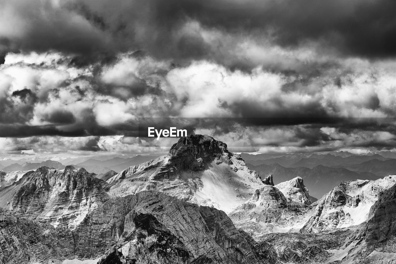 Panoramic view of sea and mountains against sky