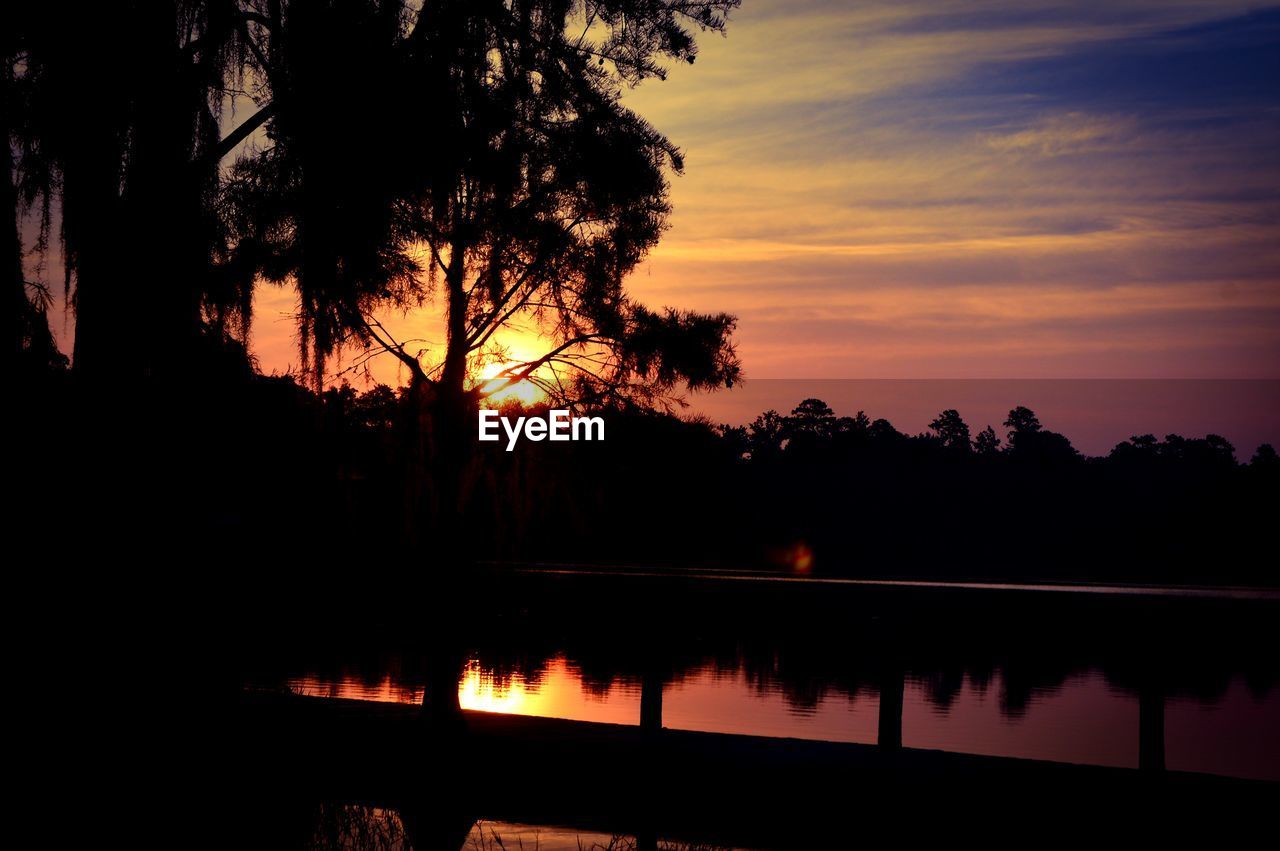 SILHOUETTE TREES BY LAKE AGAINST ORANGE SKY DURING SUNSET