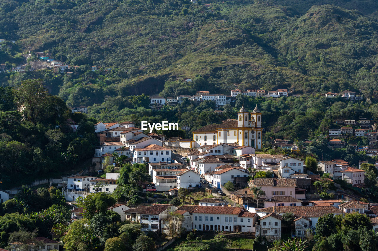 High angle view of townscape and trees in town