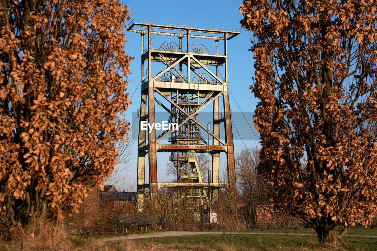 Old headframe of gneisenau pit in spring colors, industrial heritage of dortmund, germany