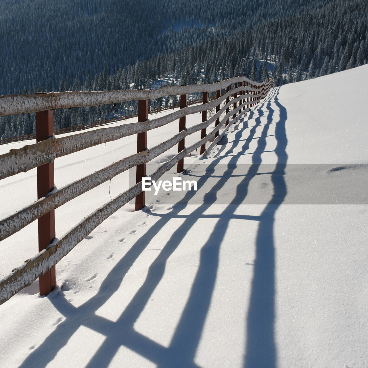 Shadow of railing on snow covered field