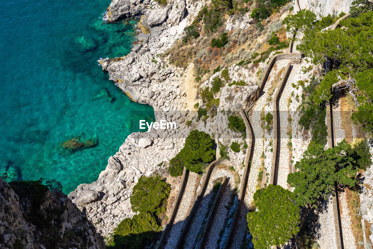 Aerial view of the scenic via krupp, a twisted footpath in capri with many hairpins, italy