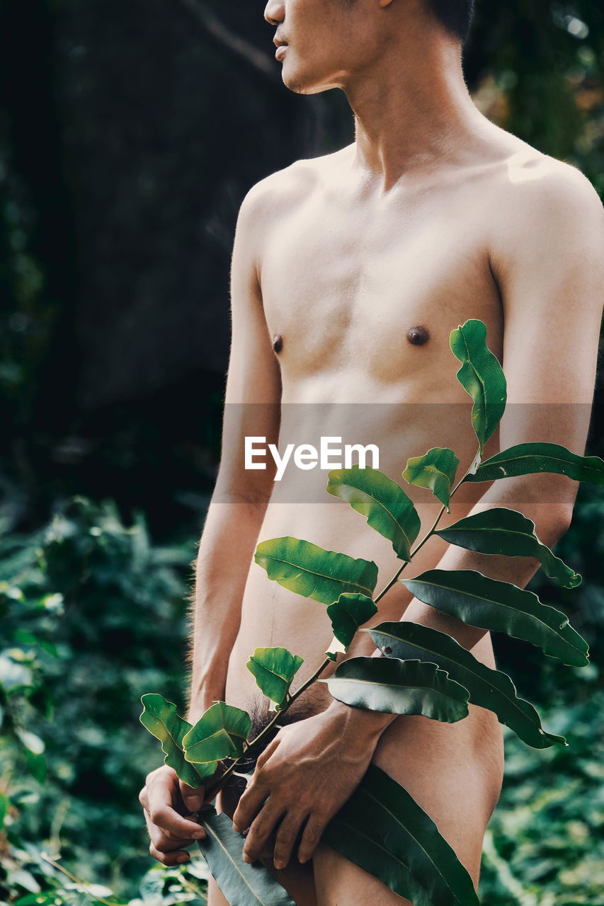 MIDSECTION OF SHIRTLESS MAN HOLDING PLANTS