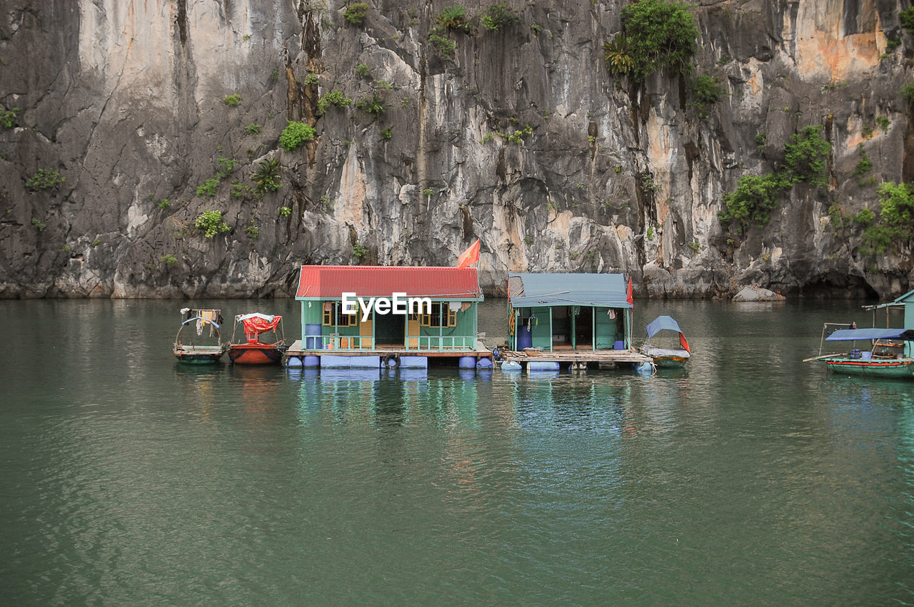 High angle view of hut floating on lake