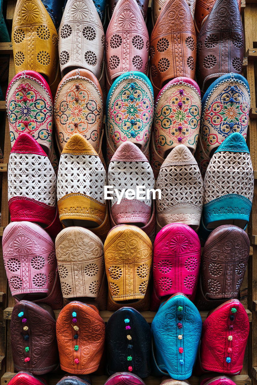 Full frame shot of multi colored shoes for sale