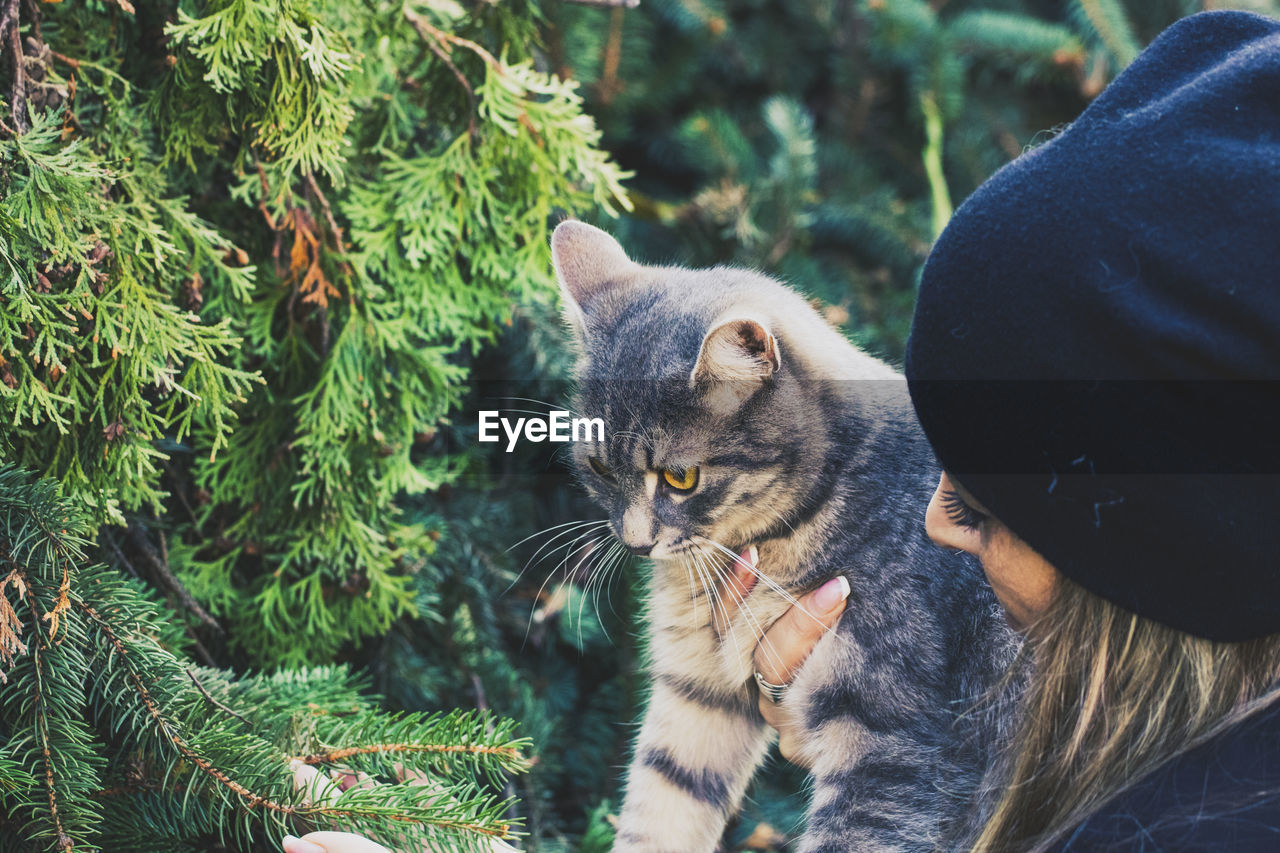 Close-up of woman with cat against trees in park