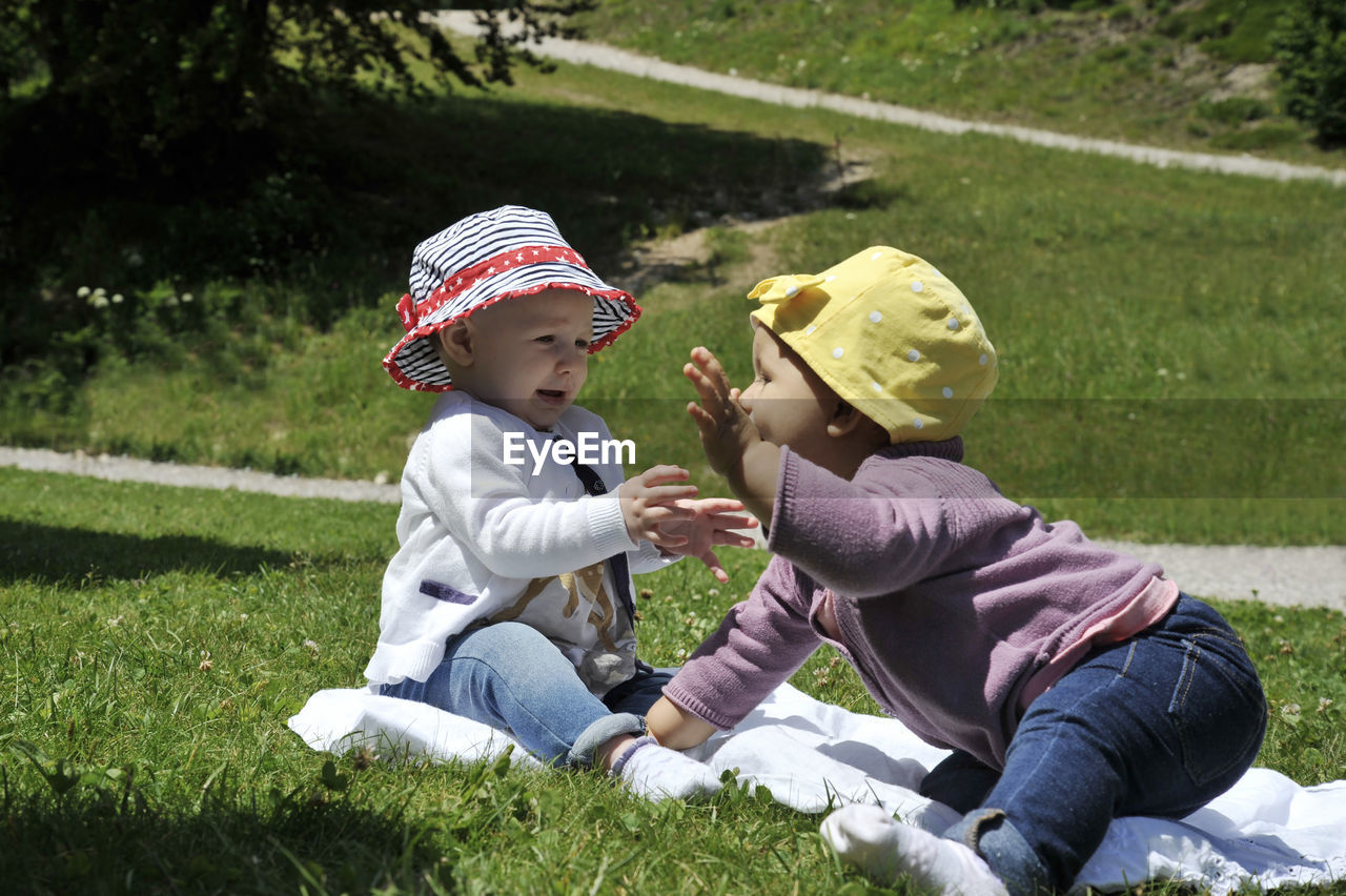 Rear view of friends sitting on grass