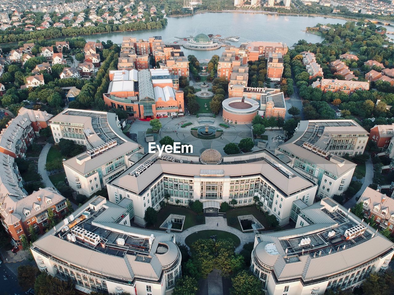 High angle view of buildings in town