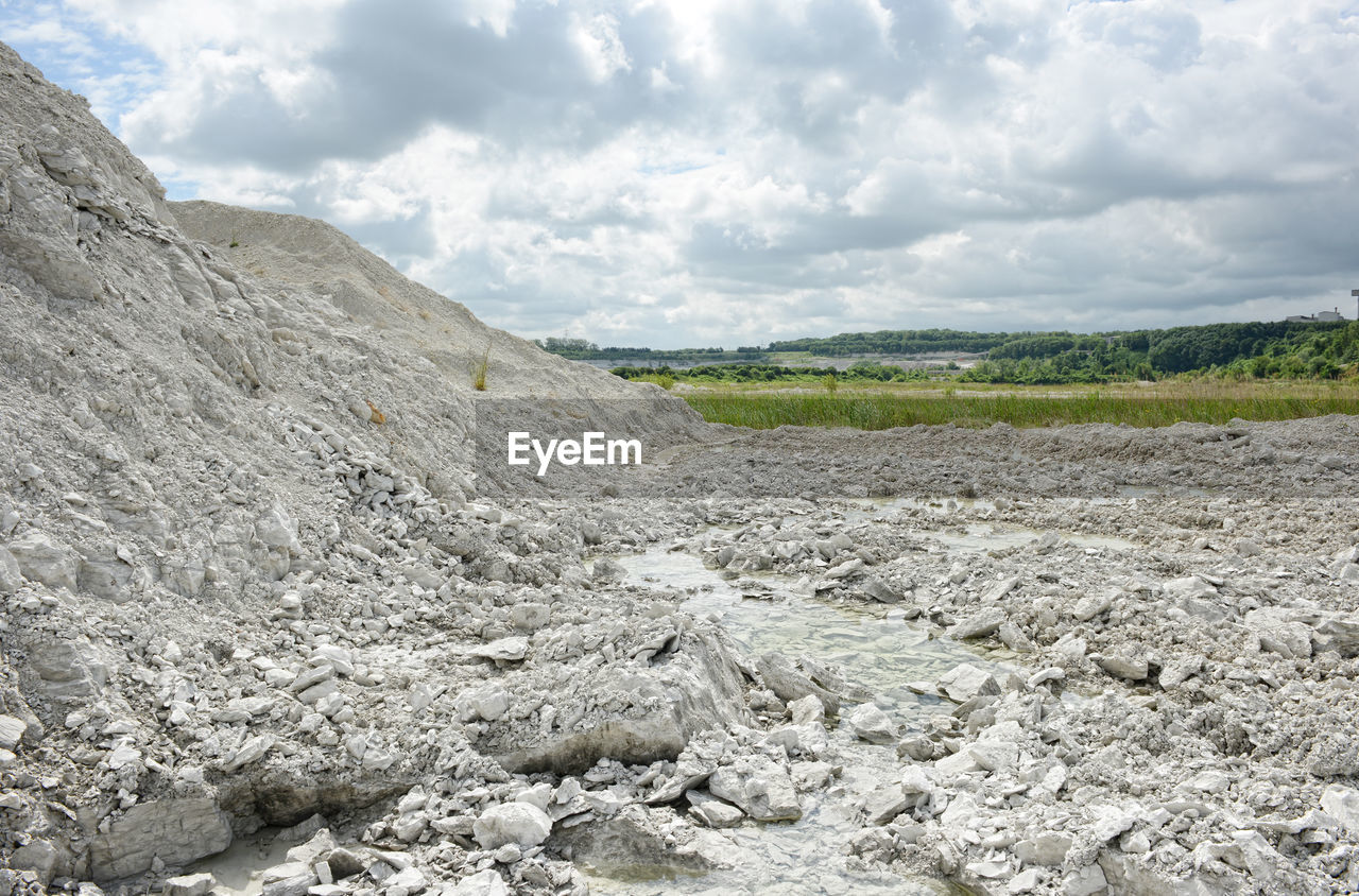 Scenic view of chalk landscape at rugen against cloudy sky