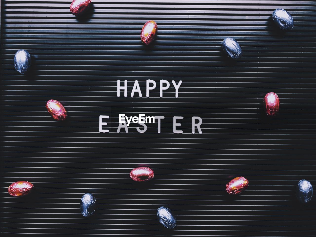 Full frame shot of easter eggs on table