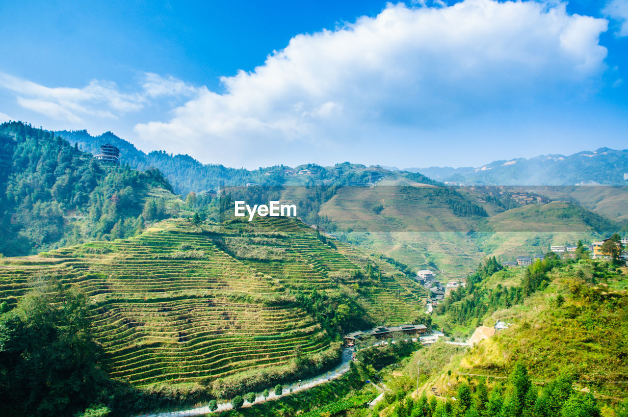 High angle view of mountains against sky