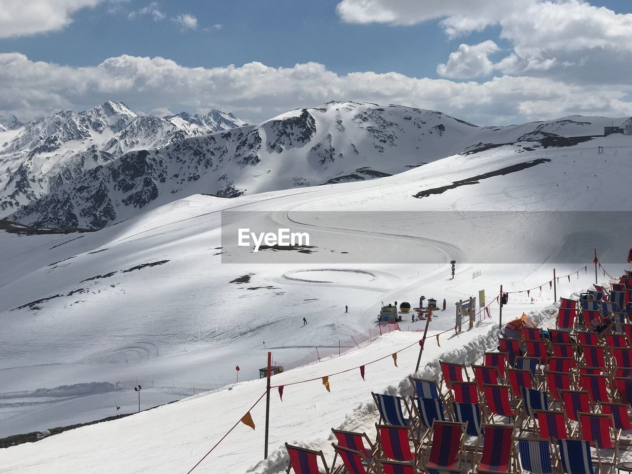 AERIAL VIEW OF SKI LIFT AGAINST SNOWCAPPED MOUNTAINS
