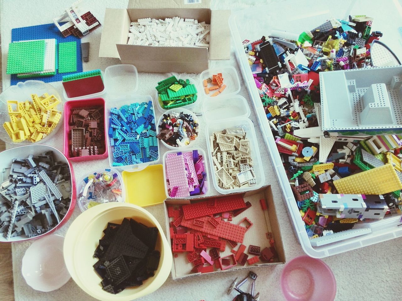 High angle view of plastic blocks