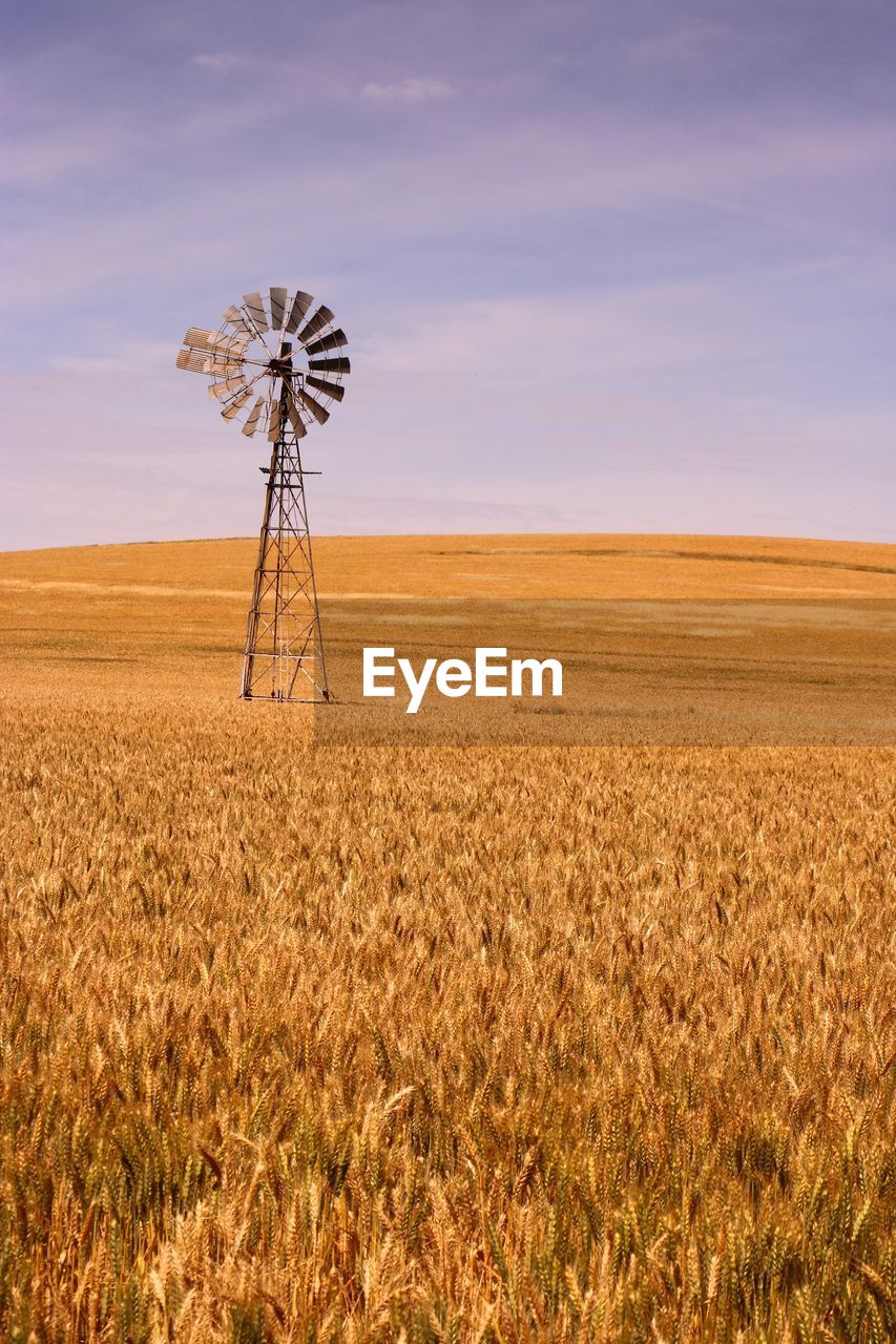 Windmill on field against sky