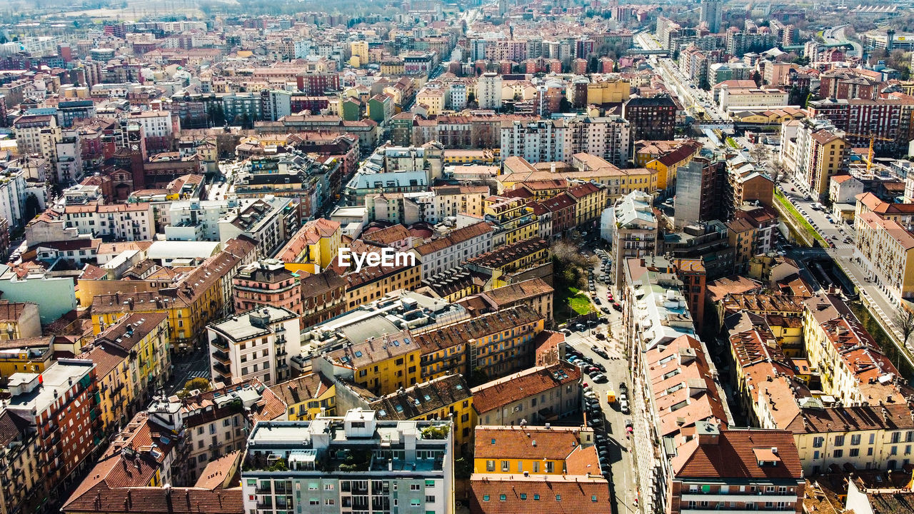 High angle view of city buildings