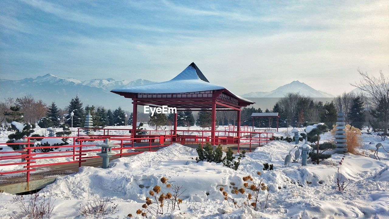 Built structure on snow covered landscape against sky