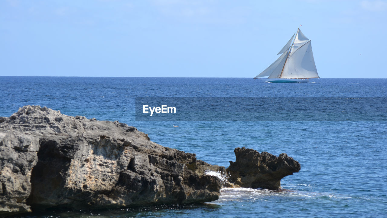 Sailboat sailing on sea against clear sky