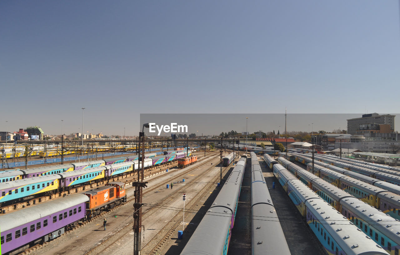 Johannesburg train switch yard, trains and rails from a high angle view with clear sky