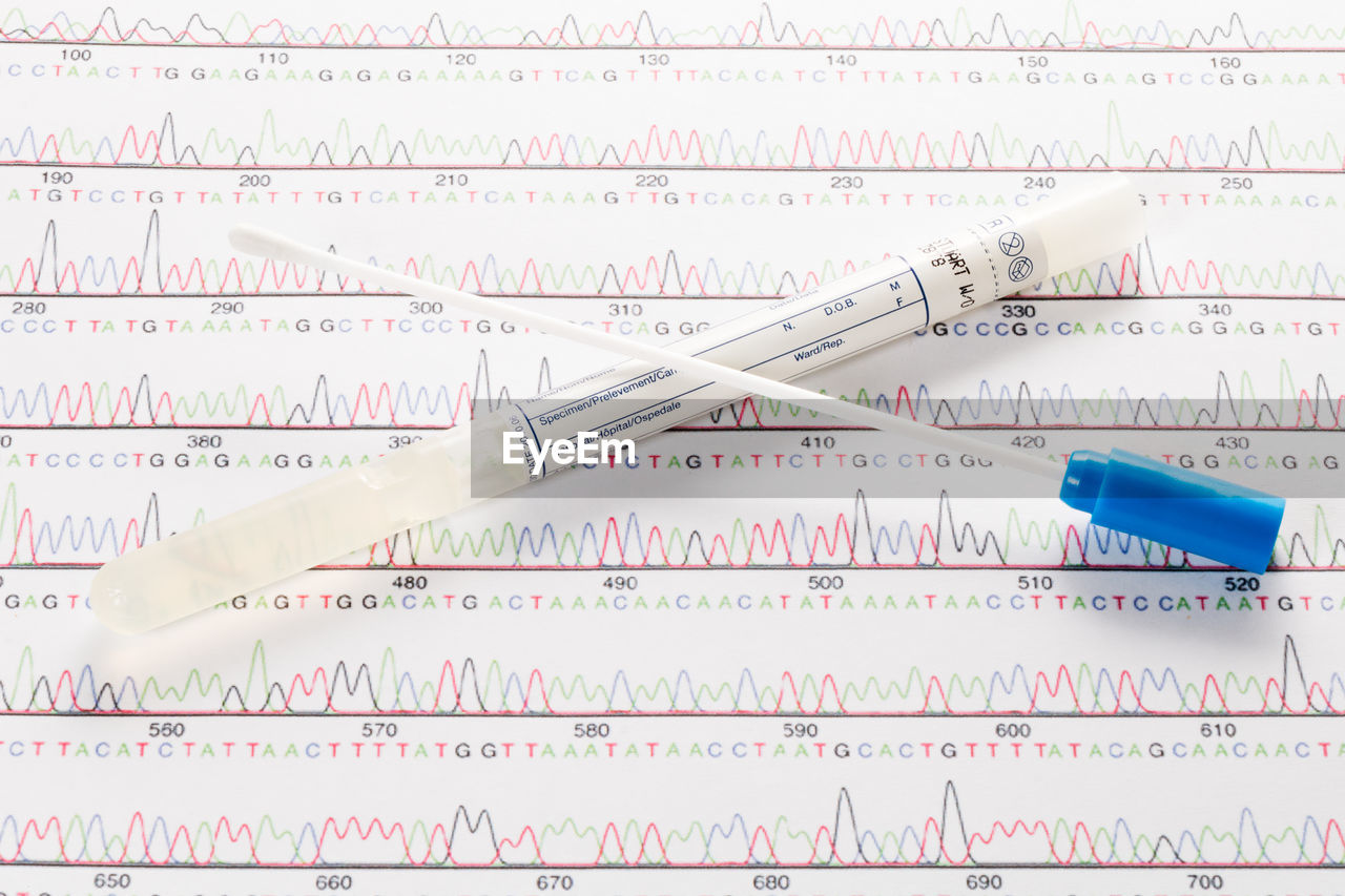 Close-up of syringe with medical records