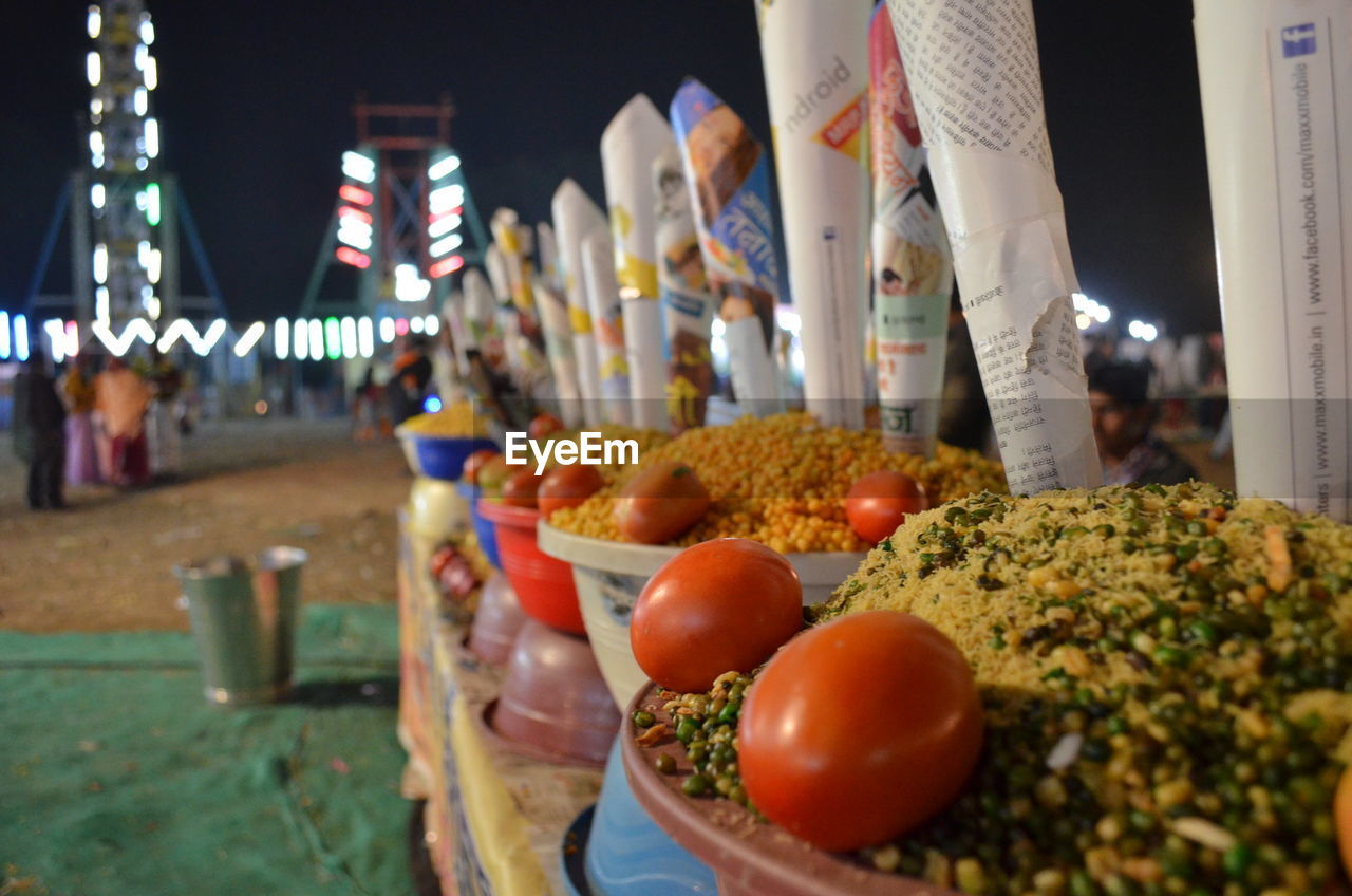 Row of food in container at market stall