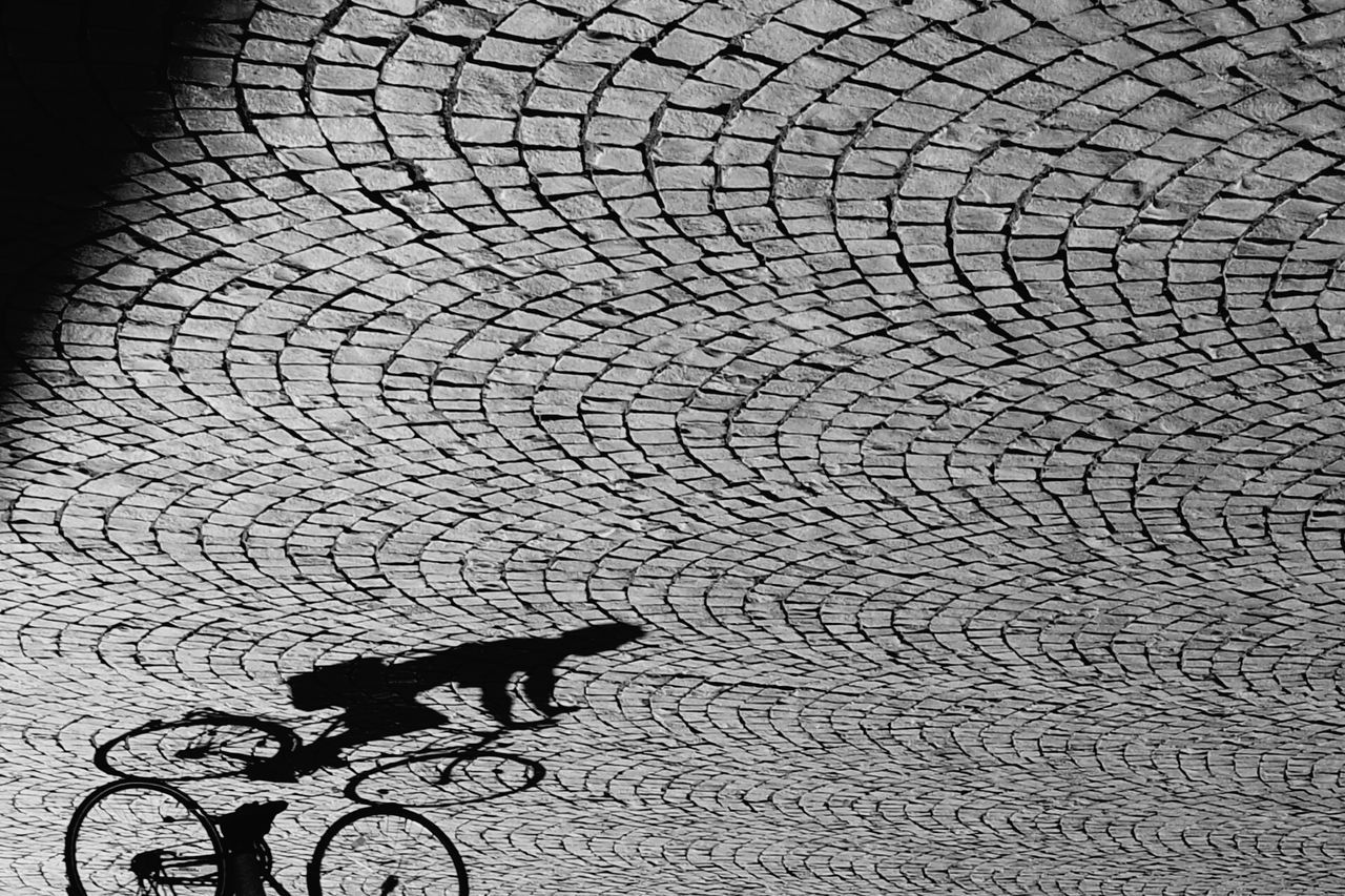 Shadow of person riding bicycle on walkway