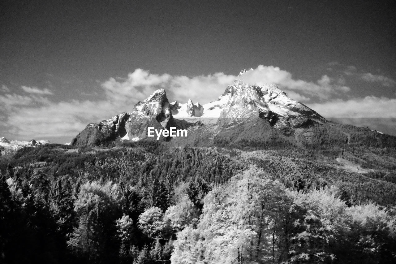 Low angle view of snowcapped mountains against sky