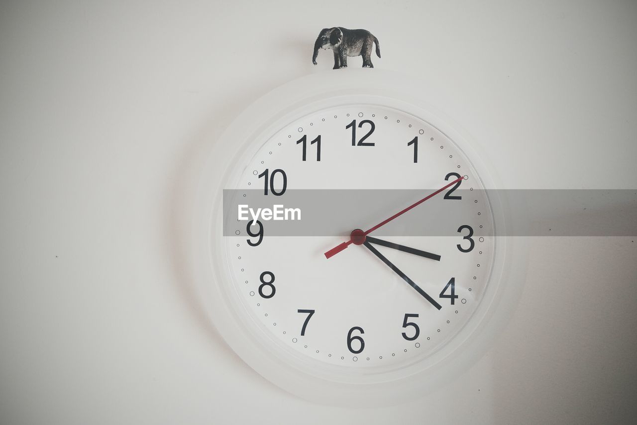 Close-up of clock on wall with elephant toy