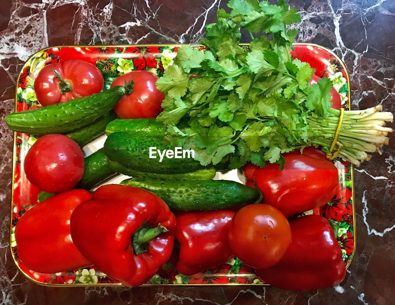 HIGH ANGLE VIEW OF BELL PEPPERS AND RED CHILI PEPPER