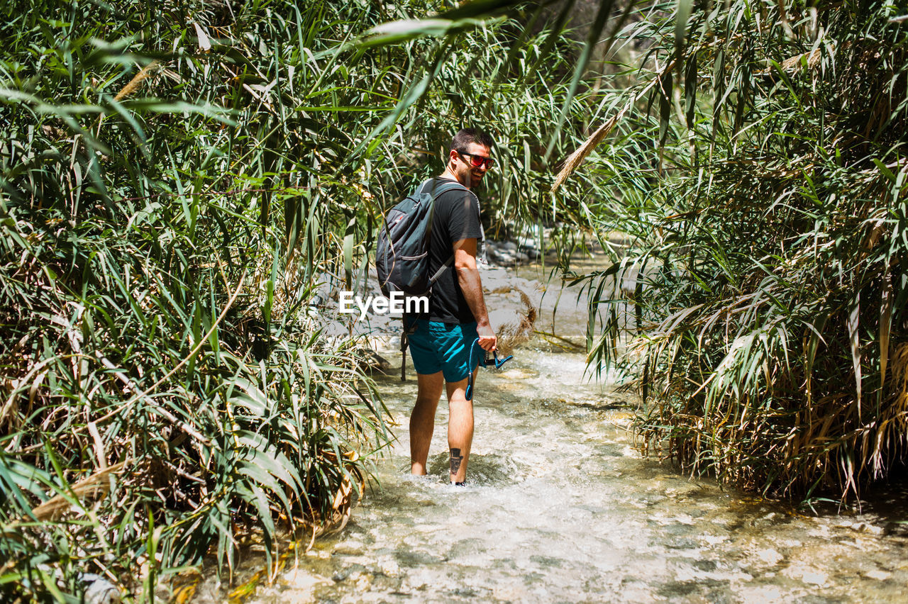 Young man hiking up river surrounded by green plants in summer