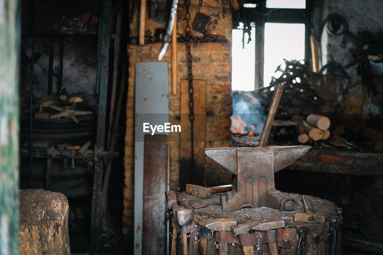 Interior of old blacksmith workshop factory