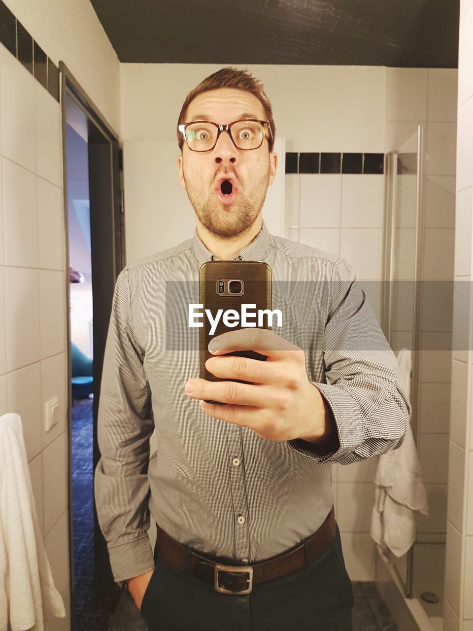 Portrait of man using mobile phone in bathroom