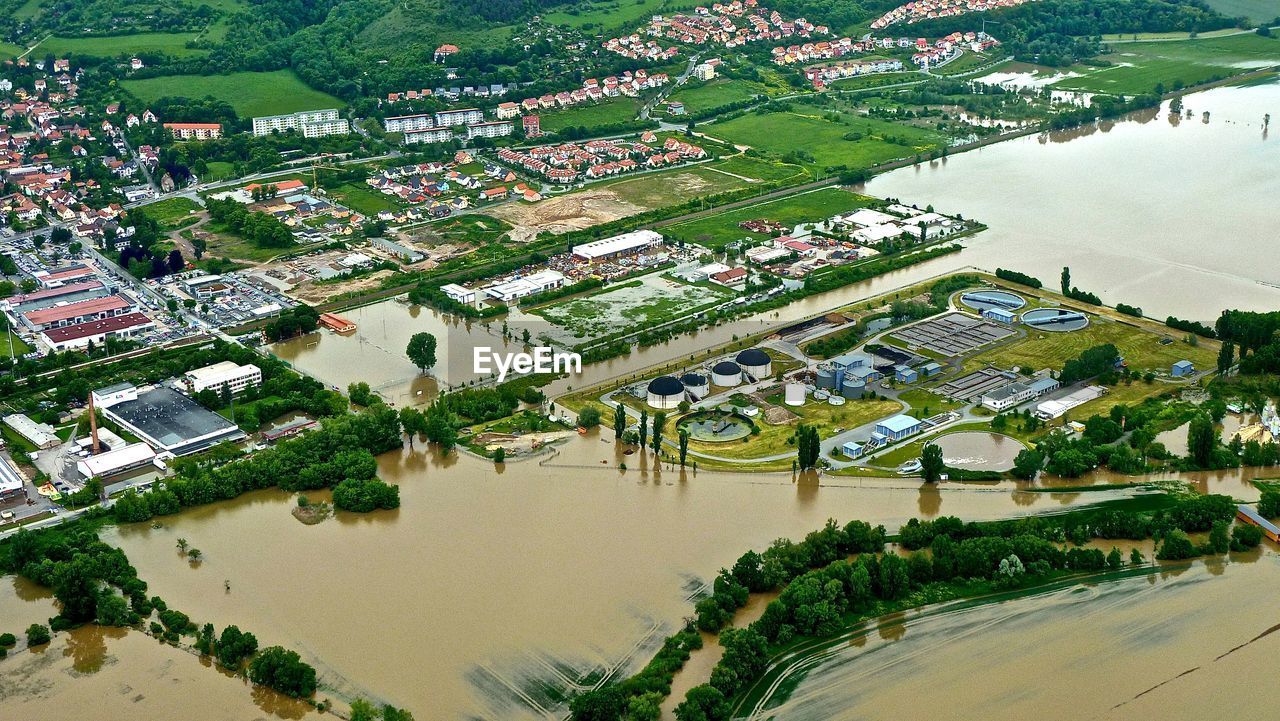 High angle view of town during flood