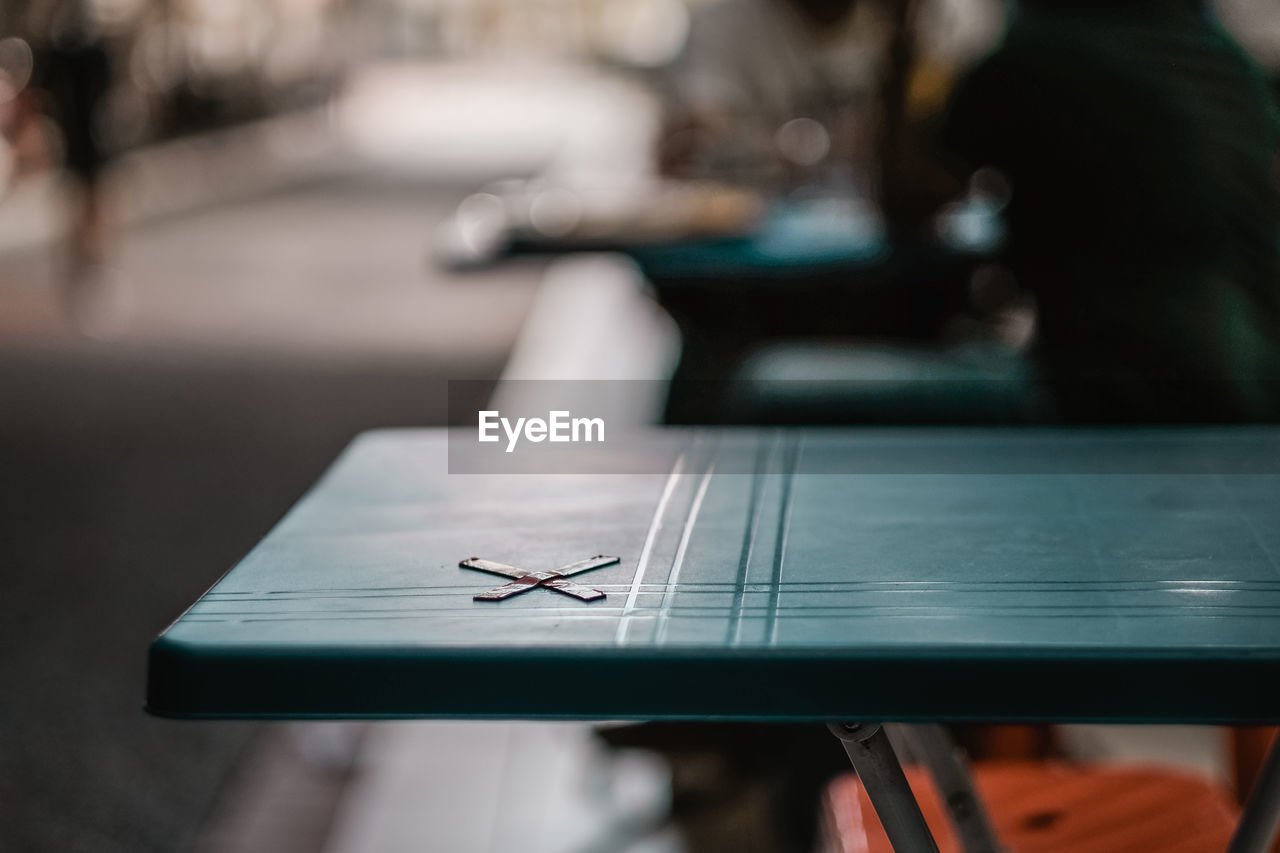 Social distancing marking on table in restaurant