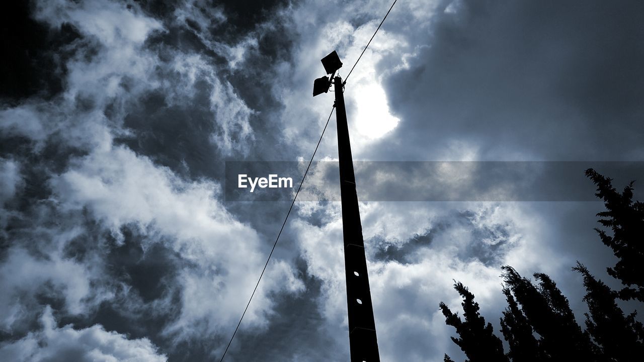 LOW ANGLE VIEW OF POWER LINES AGAINST CLOUDY SKY