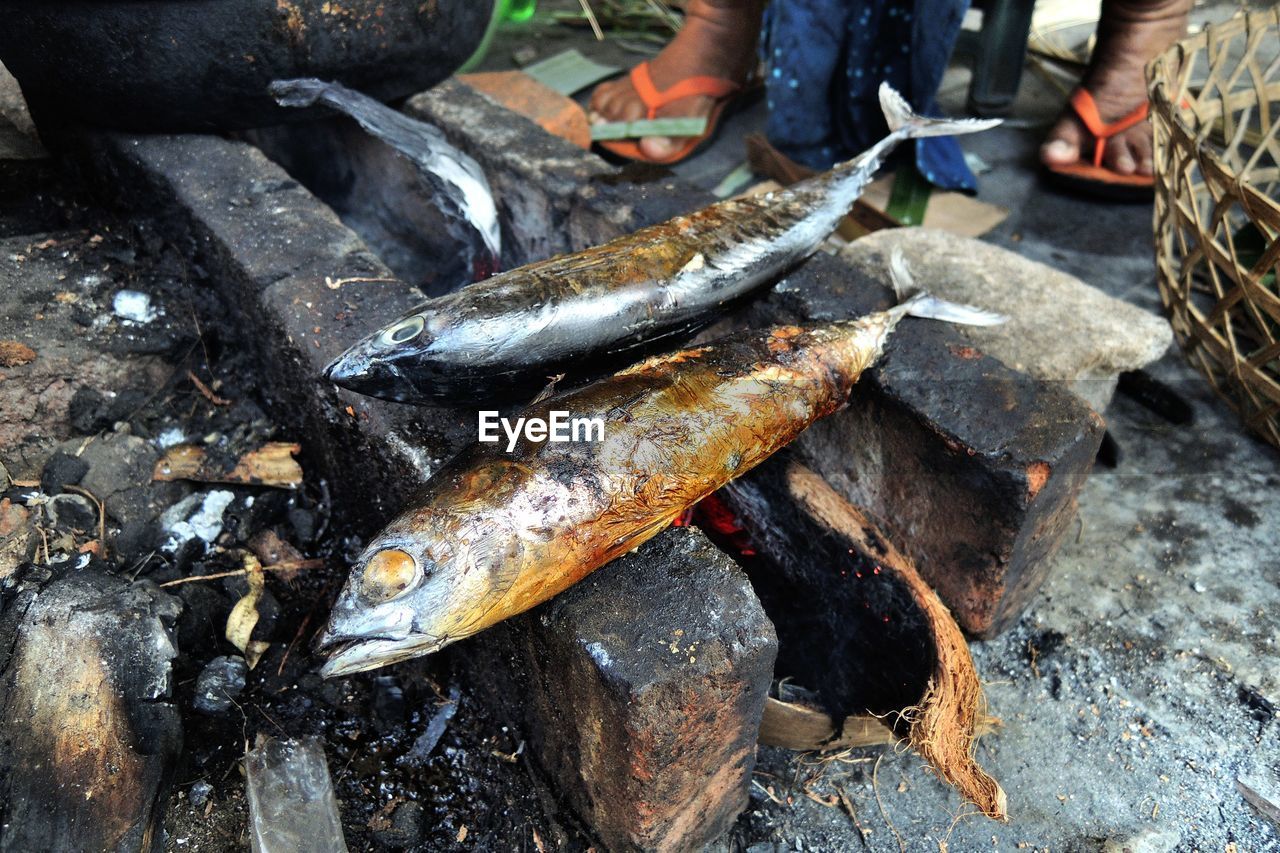 High angle view of cooking fish