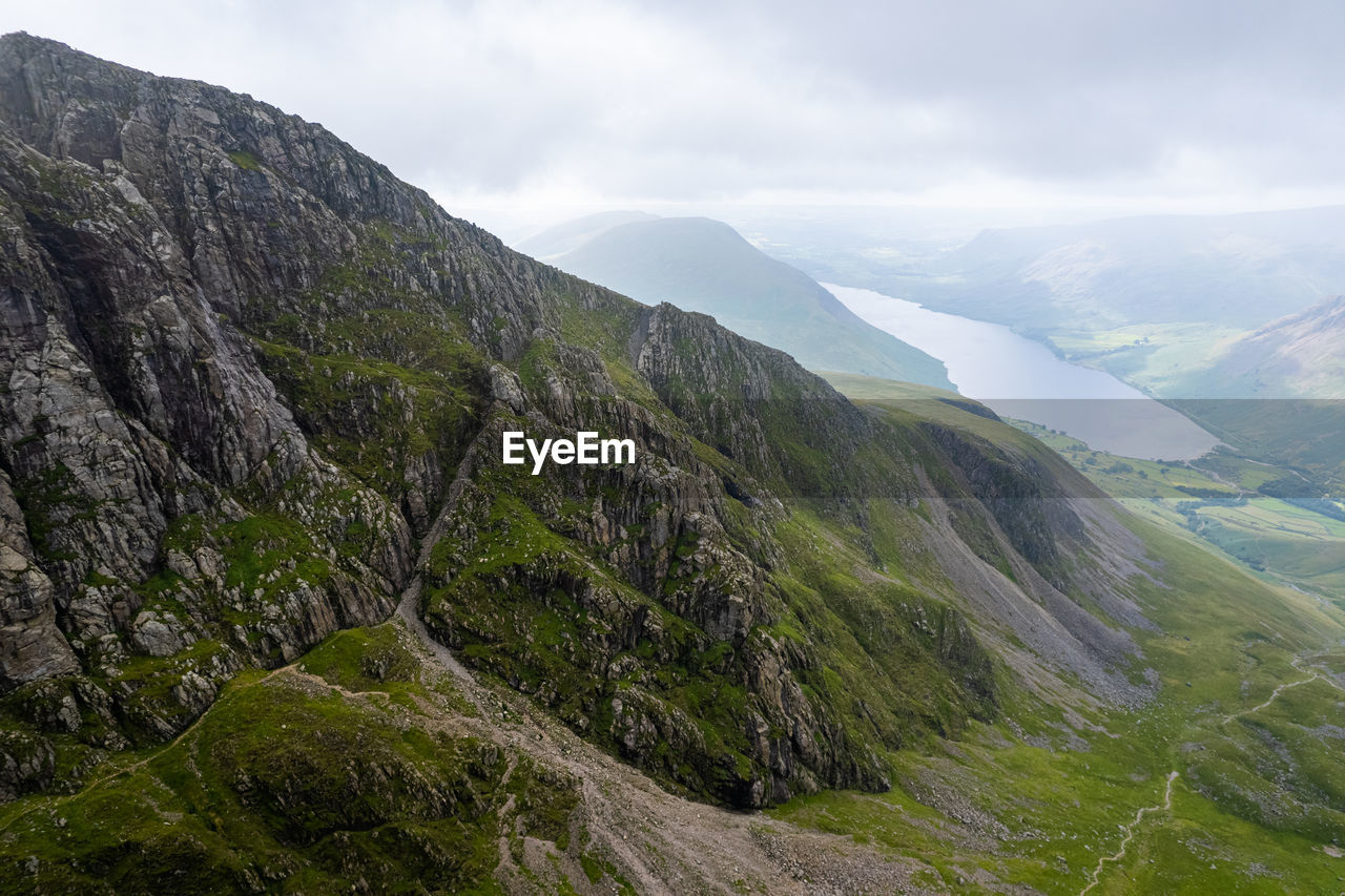 Aerial summer view in cloudy scafell pike, lake district, united kingdom