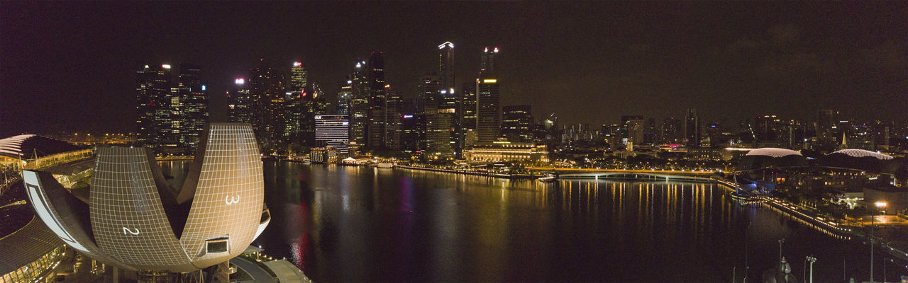 PANORAMIC VIEW OF ILLUMINATED BUILDINGS IN CITY AT NIGHT