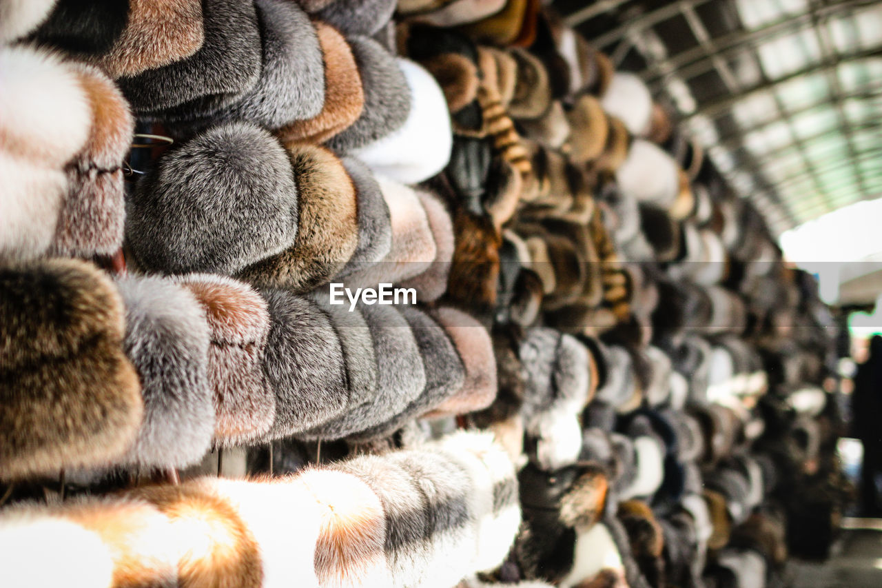 Fur hats hanging at market for sale