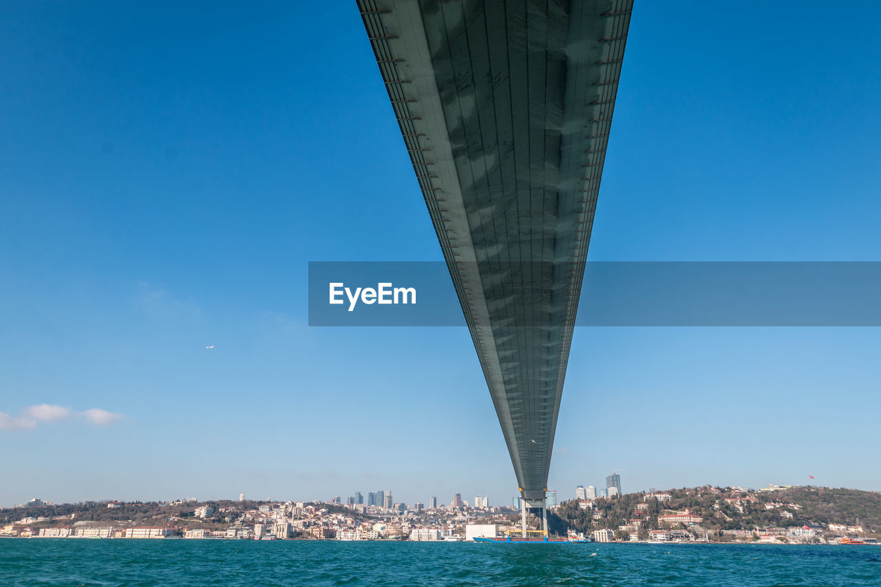 Bridge over sea against buildings in city